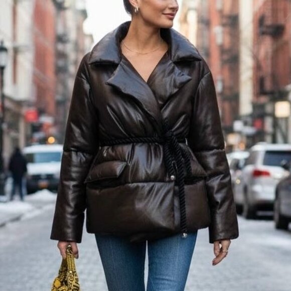 A.L.C.  Liam Faux Leather Puffer Coat in Carob - Picture 1 of 13